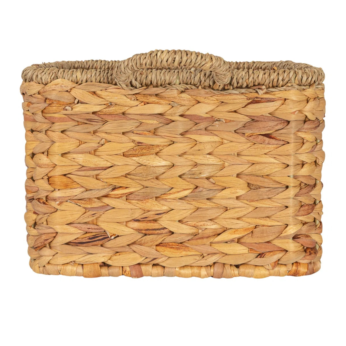 Rectangular hand-woven water hyacinth and seagrass basket with handles