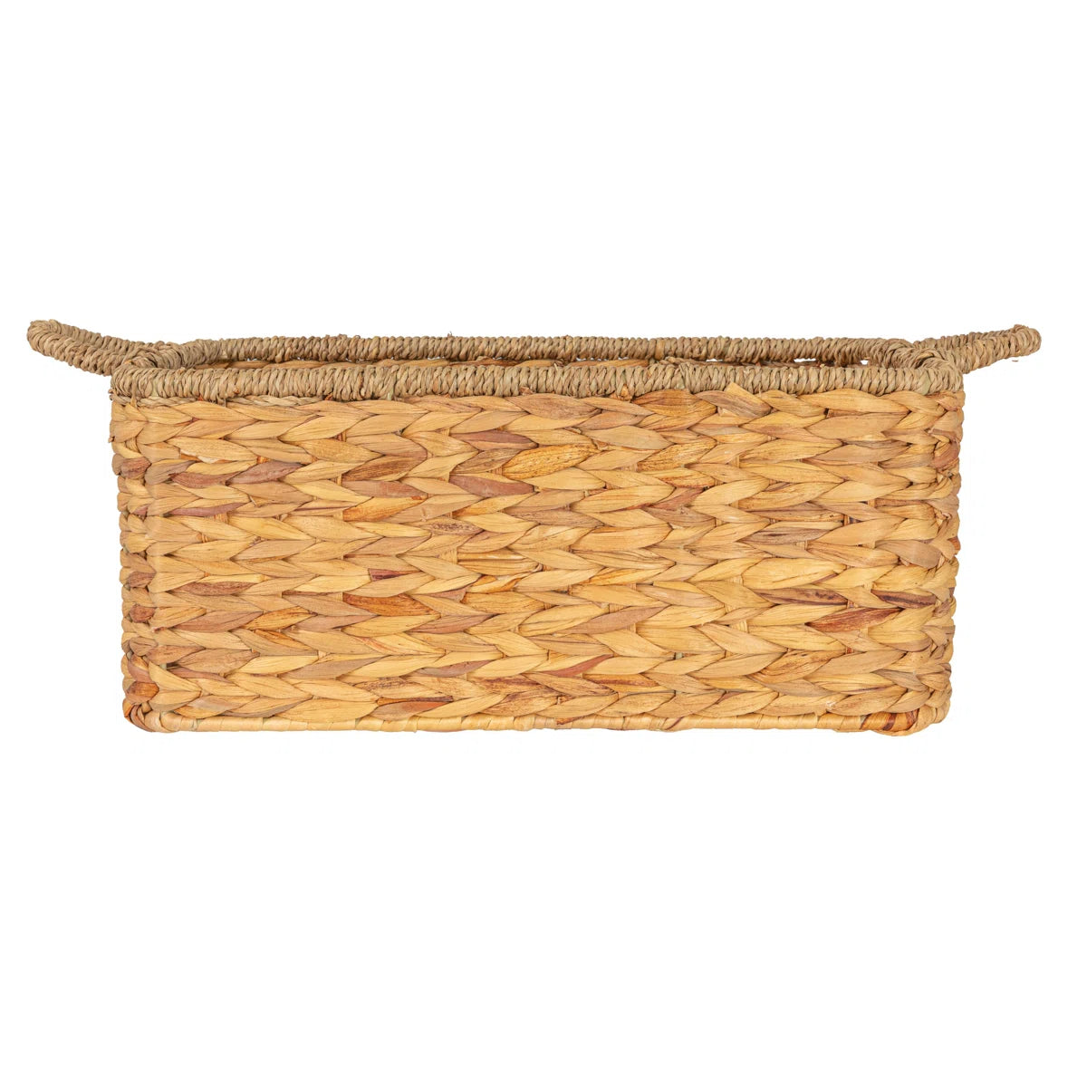 Rectangular hand-woven water hyacinth and seagrass basket with handles