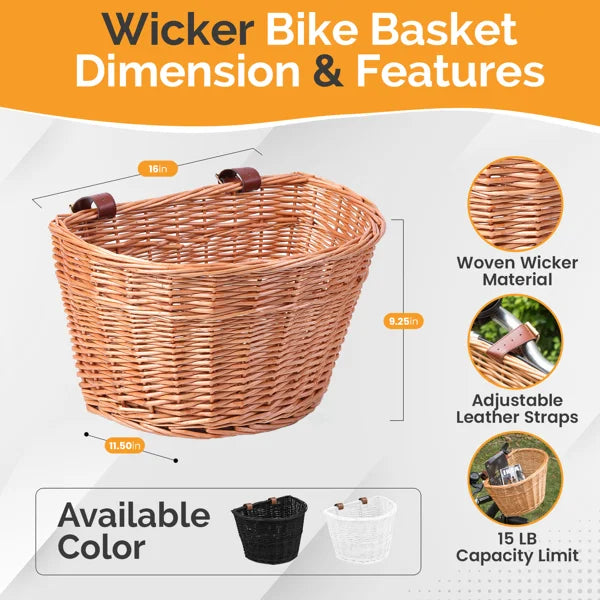 Hand-woven rattan front bicycle basket-sturdy and attractive