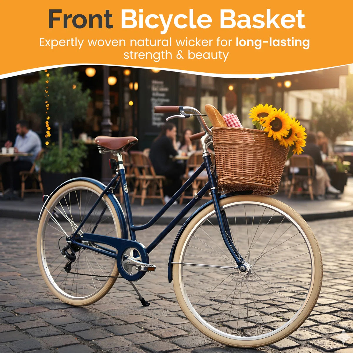 Hand-woven rattan front bicycle basket-sturdy and attractive