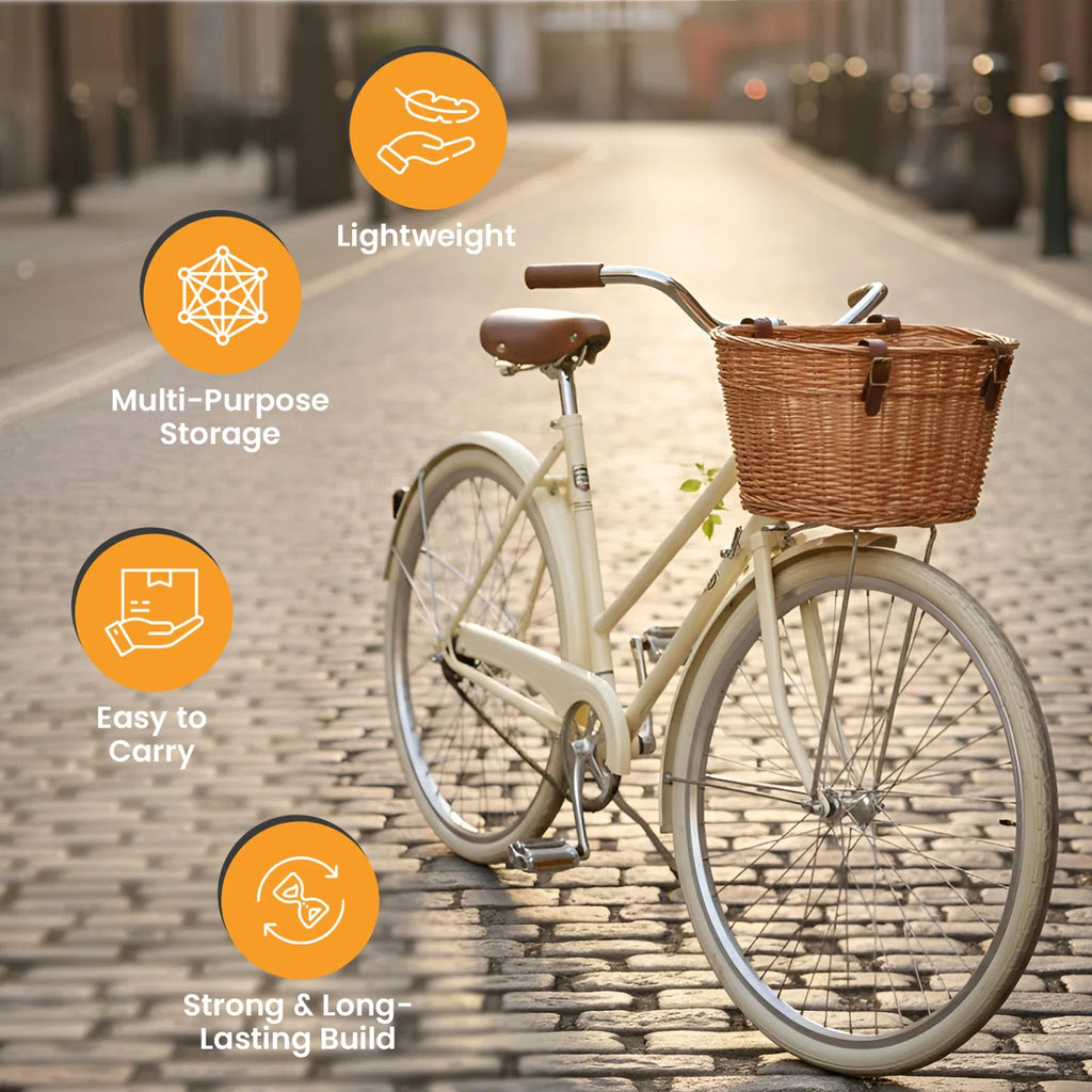 Hand-woven rattan front bicycle basket-sturdy and attractive