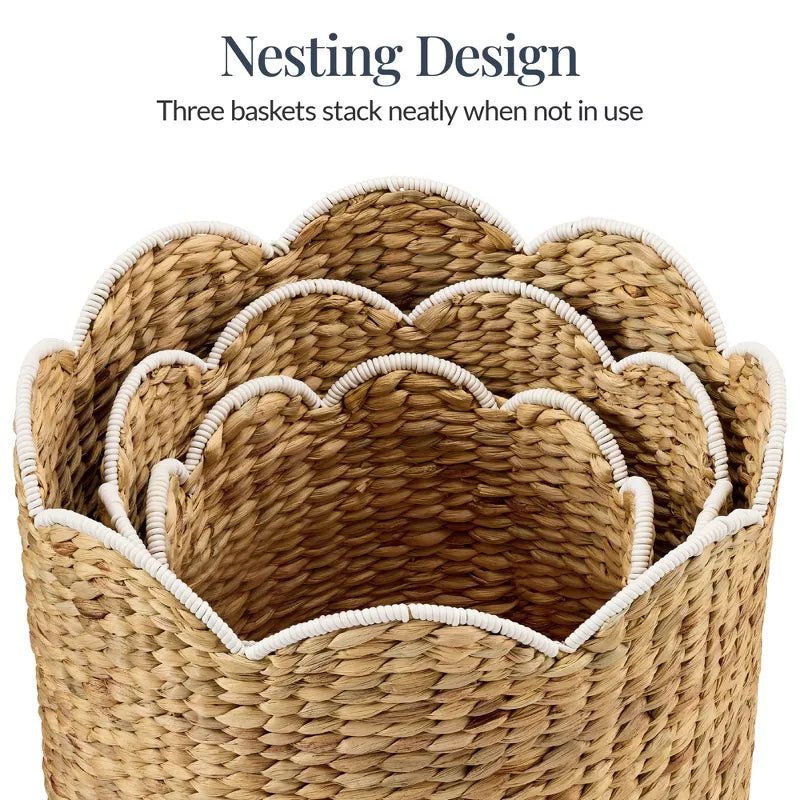 Scalloped 3PC Water Hyacinth Nesting Baskets - Natural w/ White Trim