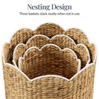 Scalloped 3PC Water Hyacinth Nesting Baskets - Natural w/ White Trim