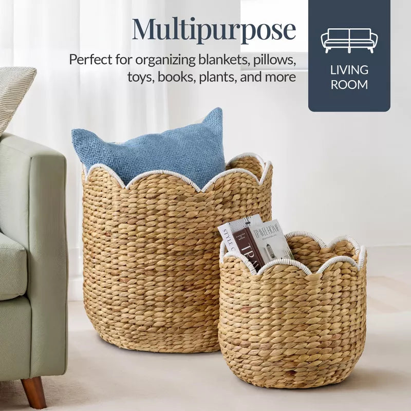 Scalloped 3PC Water Hyacinth Nesting Baskets - Natural w/ White Trim