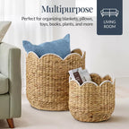 Scalloped 3PC Water Hyacinth Nesting Baskets - Natural w/ White Trim