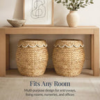 Scalloped Water Hyacinth Storage Tote Basketwith Lid - Natural with White Trim
