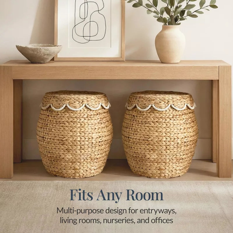 Scalloped Water Hyacinth Storage Tote Basketwith Lid - Natural with White Trim