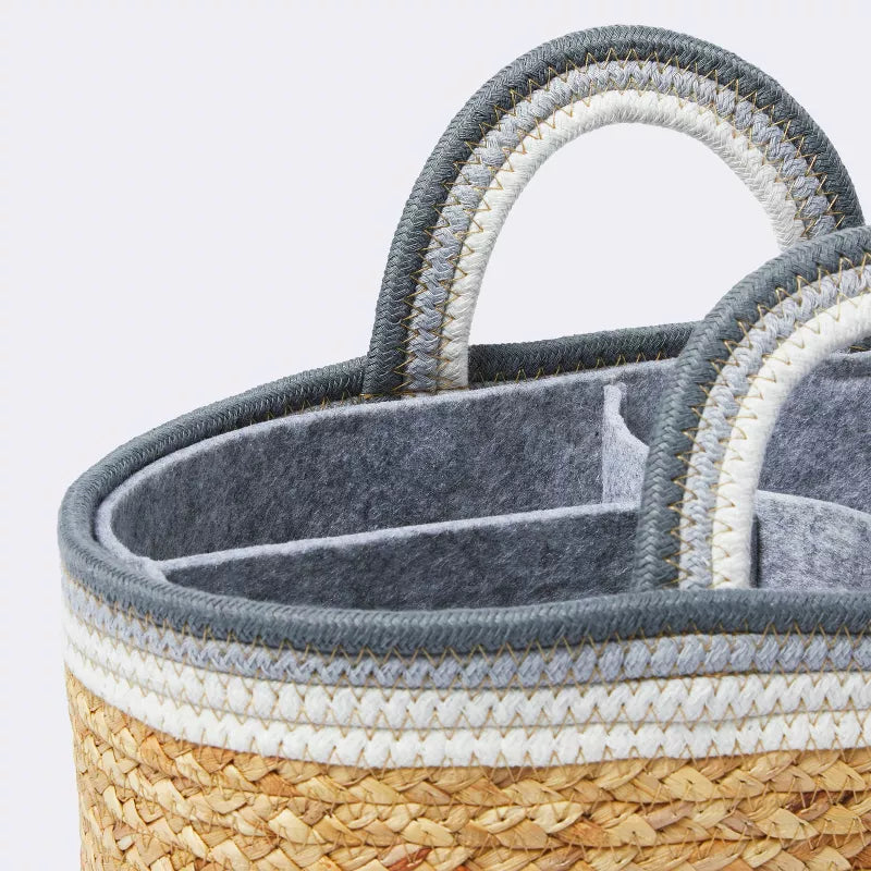 Braided Water Hyacinth Decorative Container with Coiled Rope Handles - Gray
