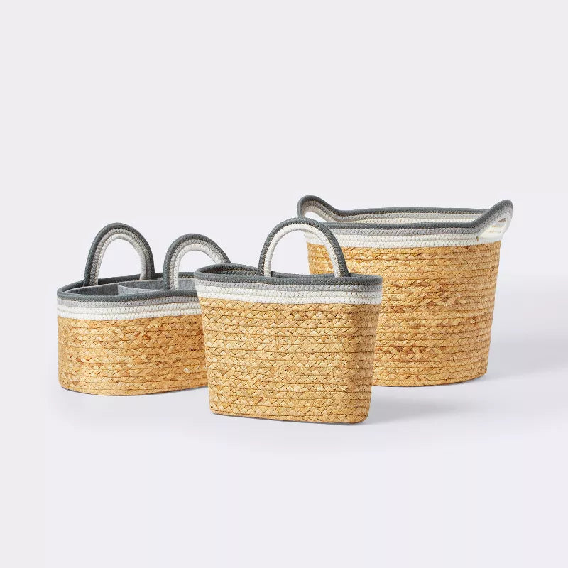 Braided Water Hyacinth Decorative Container with Coiled Rope Handles - Gray