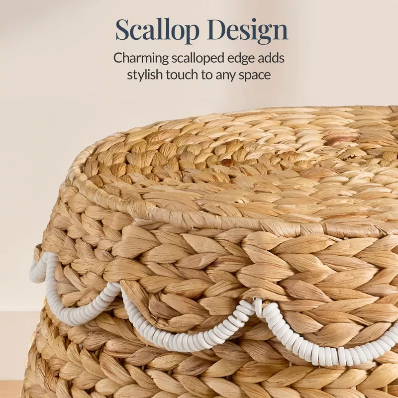 Scalloped Water Hyacinth Storage Tote Basketwith Lid - Natural with White Trim