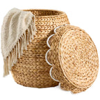Scalloped Water Hyacinth Storage Tote Basketwith Lid - Natural with White Trim