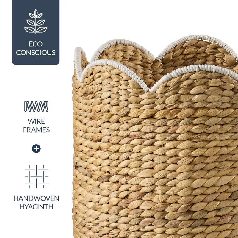 Scalloped 3PC Water Hyacinth Nesting Baskets - Natural w/ White Trim