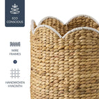 Scalloped 3PC Water Hyacinth Nesting Baskets - Natural w/ White Trim