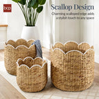 Scalloped 3PC Water Hyacinth Nesting Baskets - Natural w/ White Trim