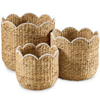 Scalloped 3PC Water Hyacinth Nesting Baskets - Natural w/ White Trim