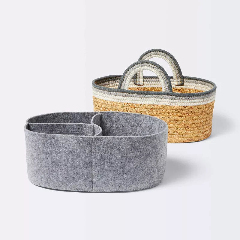 Braided Water Hyacinth Decorative Container with Coiled Rope Handles - Gray