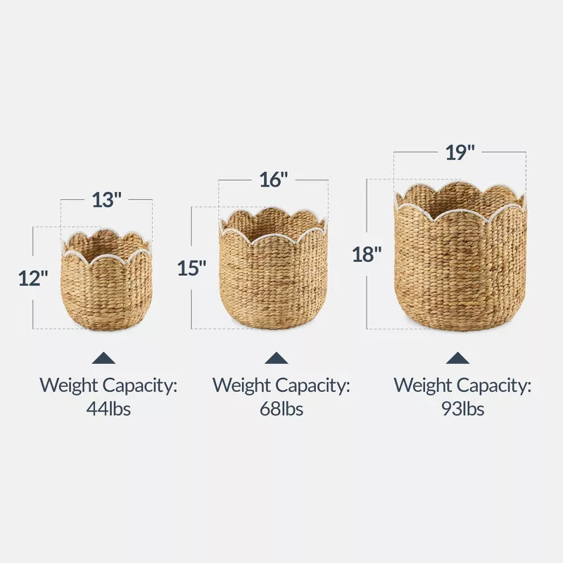 Scalloped 3PC Water Hyacinth Nesting Baskets - Natural w/ White Trim