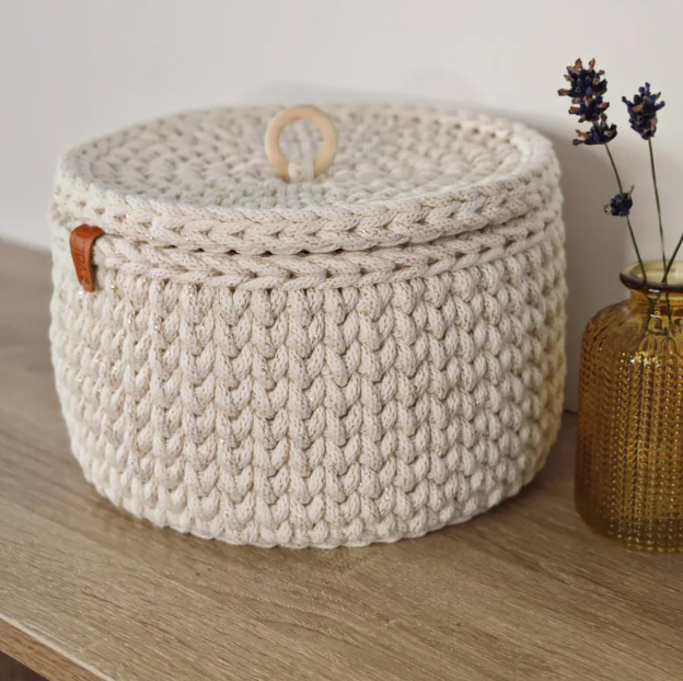 Crochet basket | Round basket with Lid | Bathroom organizer for storing