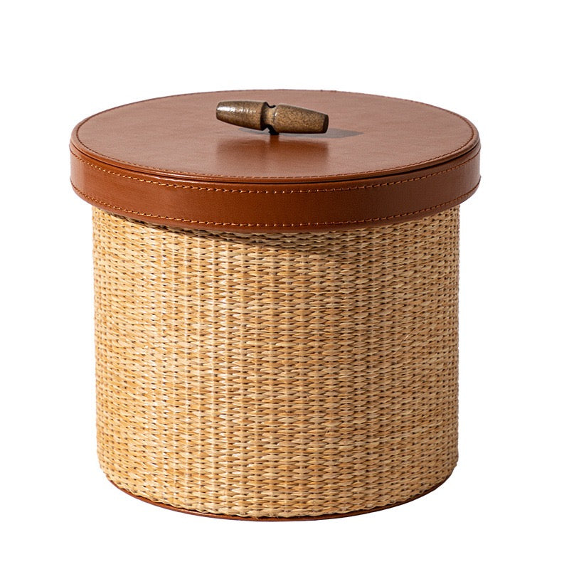 Round Woven Storage Basket with Lid – Decorative Organizer for Vanity, Bathroom, Bedroom & Living Room-cc-091715