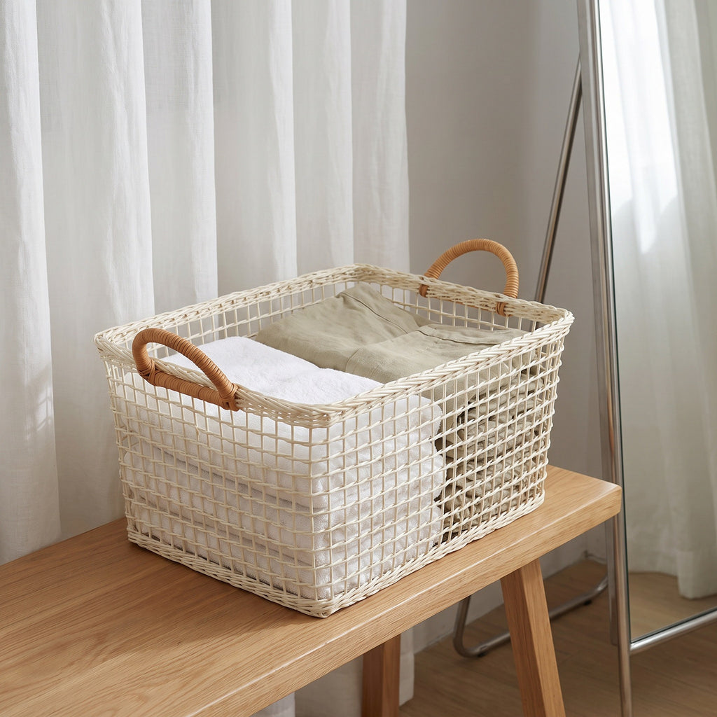 Woven Storage Basket with Handles | Open Weave Decorative Organizer for Shelves, Bedroom & Living Room-cc-092009