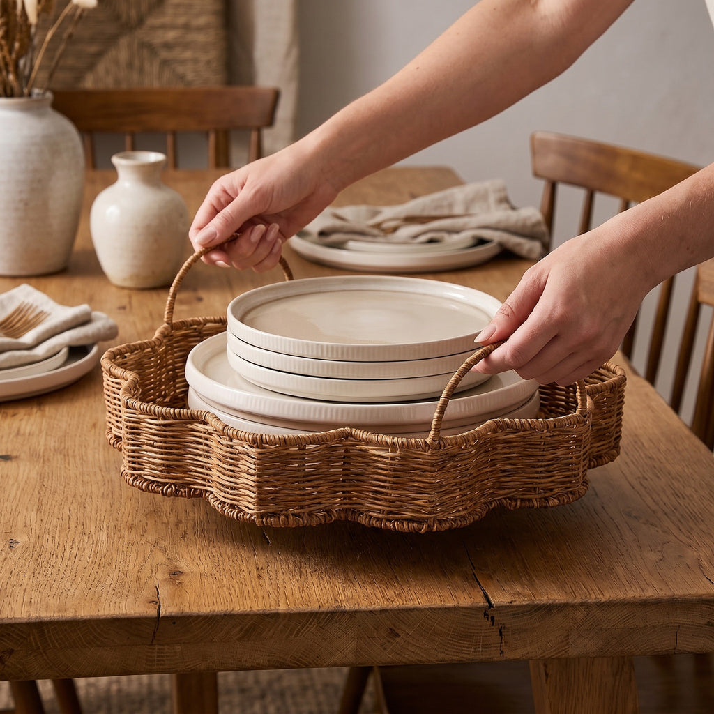 Flower-Shaped Woven Serving Tray with Handles – Decorative Organizer Tray for Coffee Table, Breakfast & Home-cc-092004