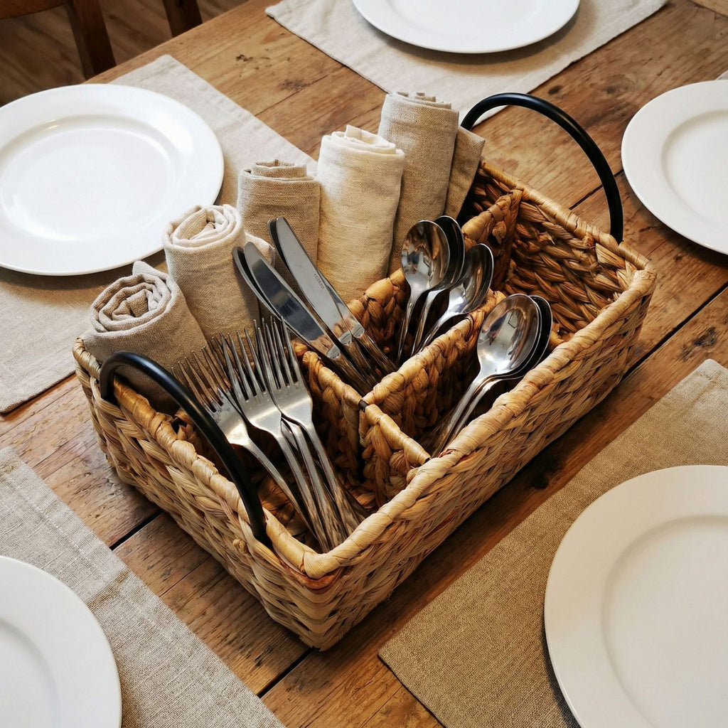Woven Utensil Caddy with Handles, Multi-Compartment Kitchen Organizer for Flatware, Condiments, BBQ Tools & Tabletop Storage-cc-091814