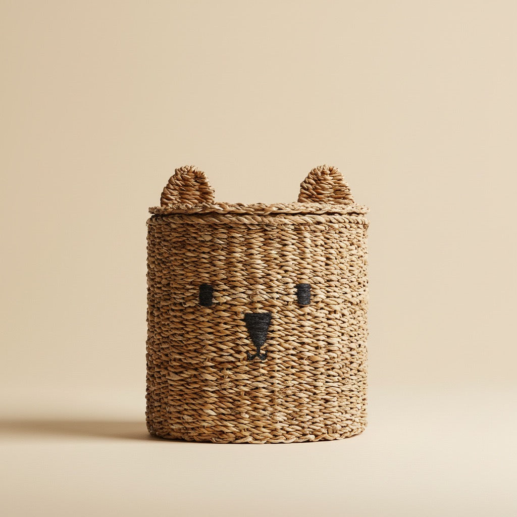 Cute Bear Woven Storage Basket with Lid – Kids Room Toy & Nursery Organizer