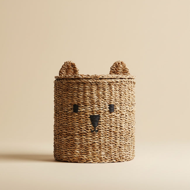 Cute Bear Woven Storage Basket with Lid – Kids Room Toy & Nursery Organizer-091602-cc Hover Image