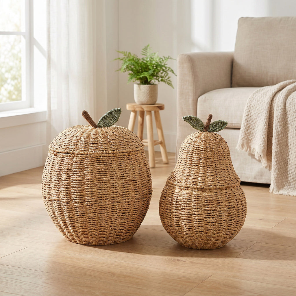 Pear Shaped Woven Storage Basket with Lid, Decorative Fruit Basket for Toys, Laundry & Home Organization-cc-091811