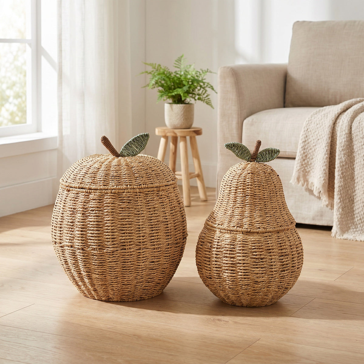 Pear Shaped Woven Storage Basket with Lid, Decorative Fruit Basket for Toys, Laundry & Home Organization-cc-091811