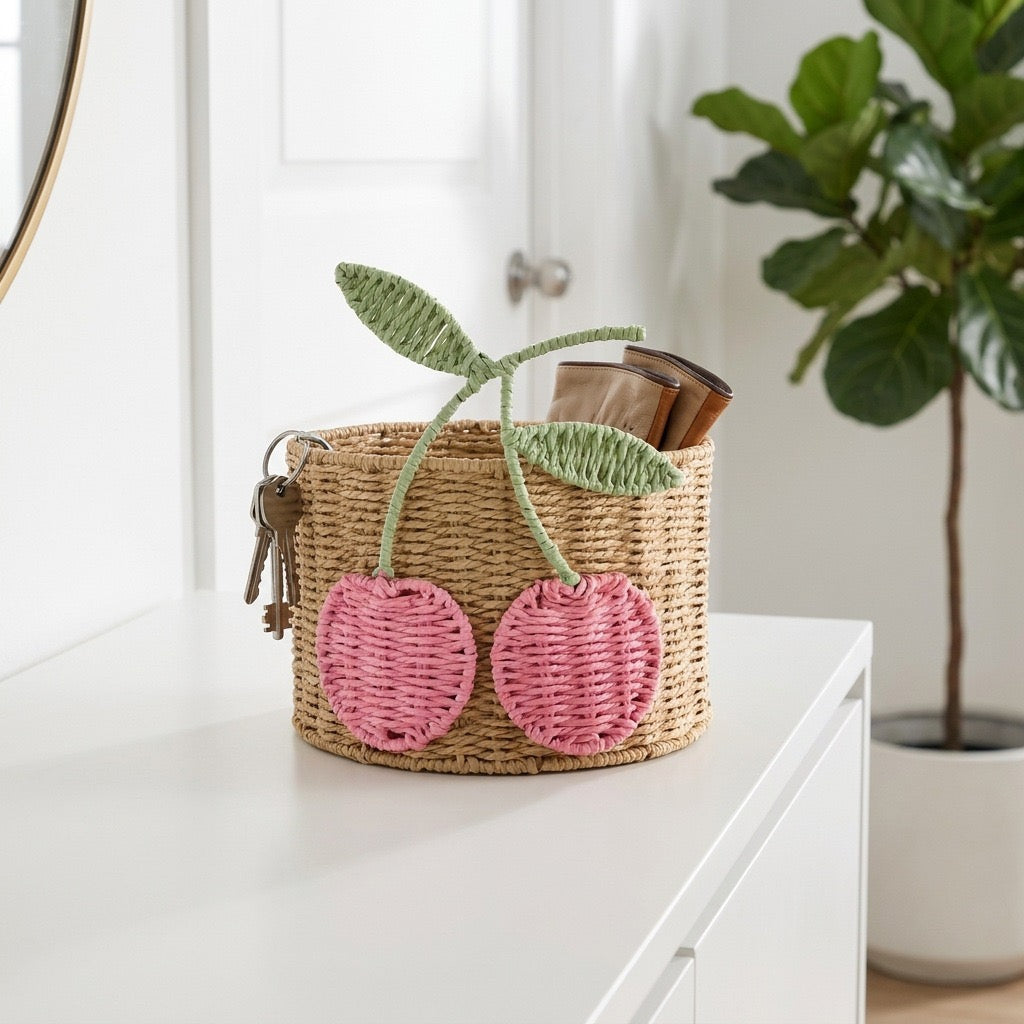 Cherry Woven Storage Basket, Cute Round Organizer Bin for Desk, Nursery, Bedroom & Kids Room-cc-091812