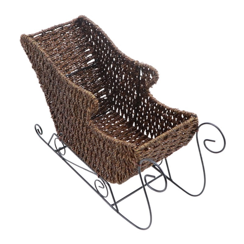 Natural Rattan Christmas Sleigh Basket – Handwoven Holiday Gift & Decorative Storage Basket with Metal Runners-cc-091707