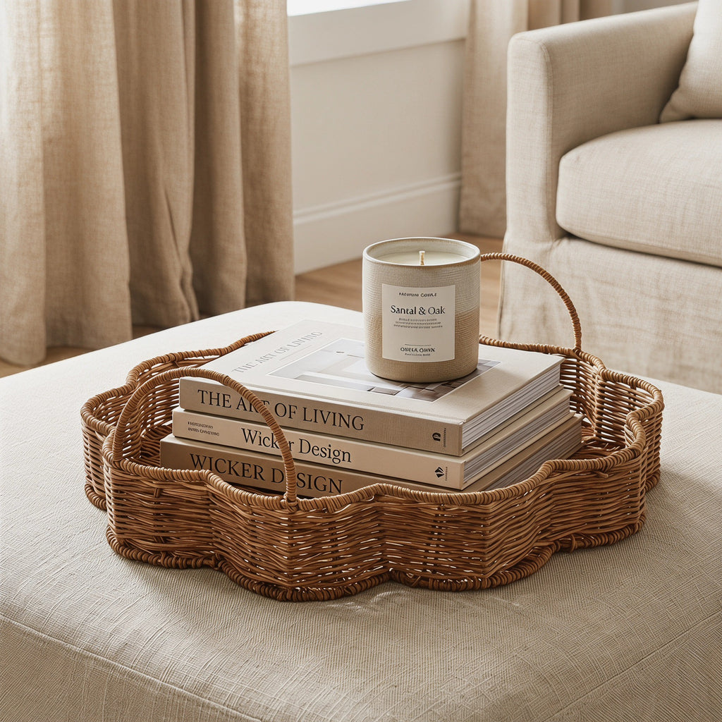 Flower-Shaped Woven Serving Tray with Handles – Decorative Organizer Tray for Coffee Table, Breakfast & Home-cc-092004