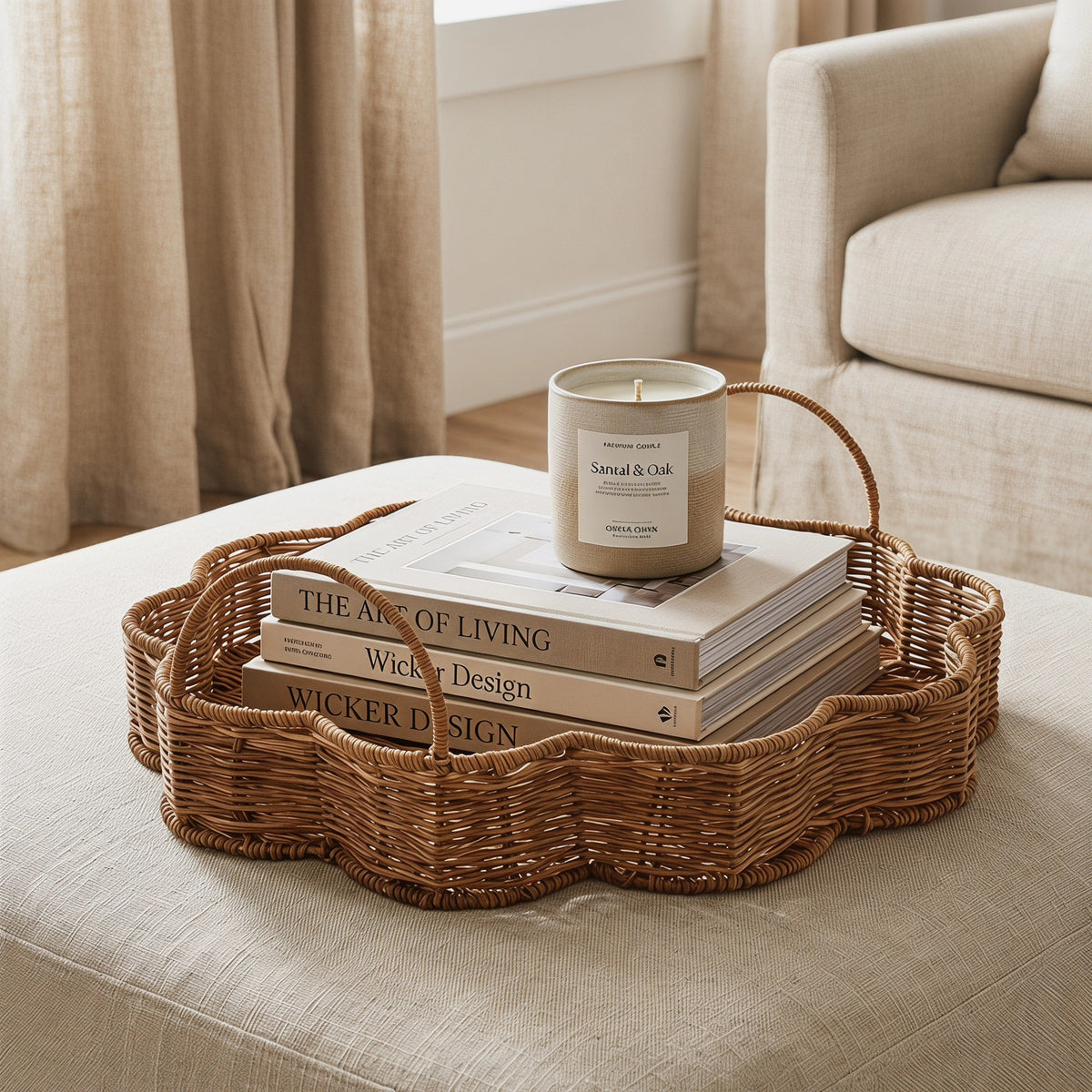 Flower-Shaped Woven Serving Tray with Handles – Decorative Organizer Tray for Coffee Table, Breakfast & Home-cc-092004