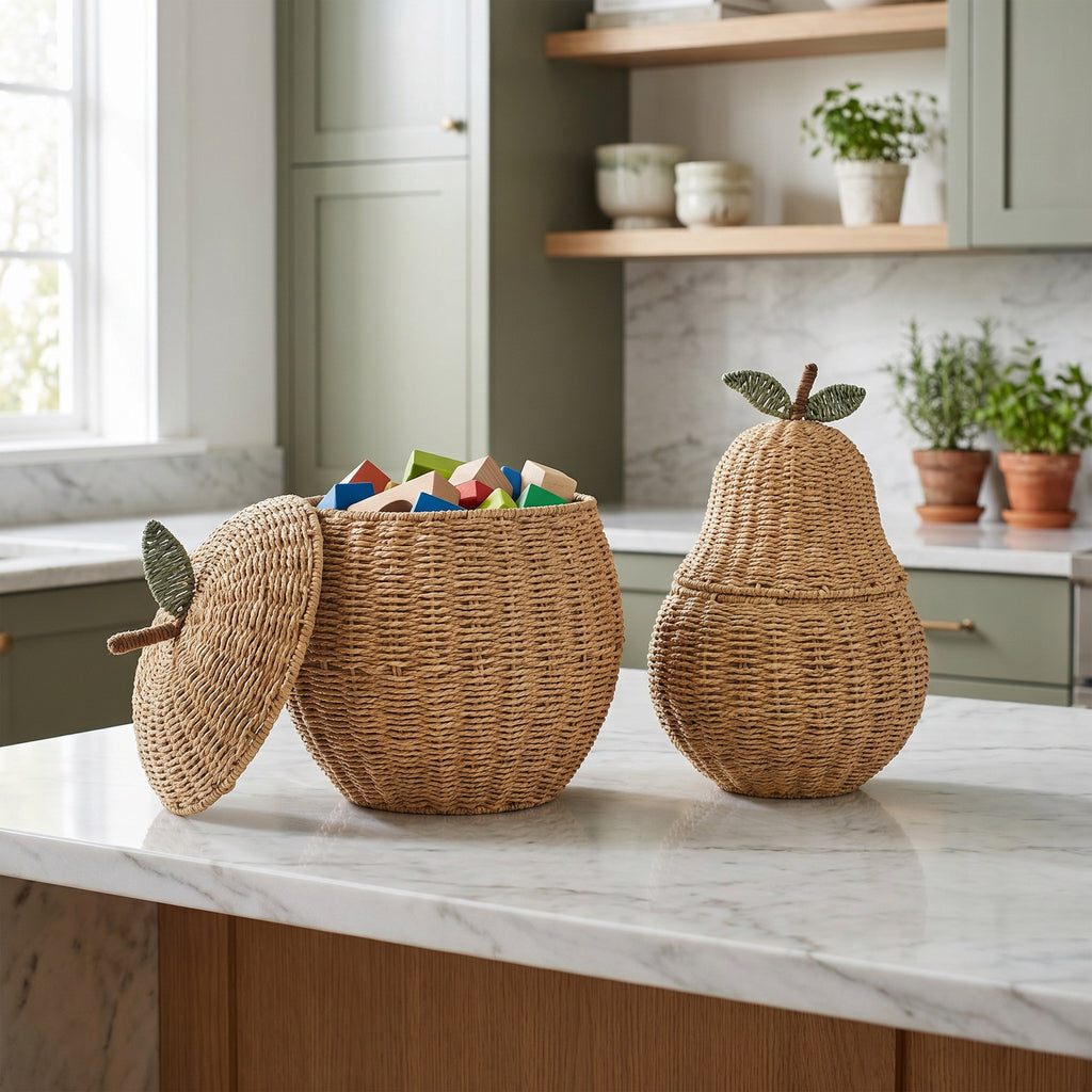 Pear Shaped Woven Storage Basket with Lid, Decorative Fruit Basket for Toys, Laundry & Home Organization-cc-091811