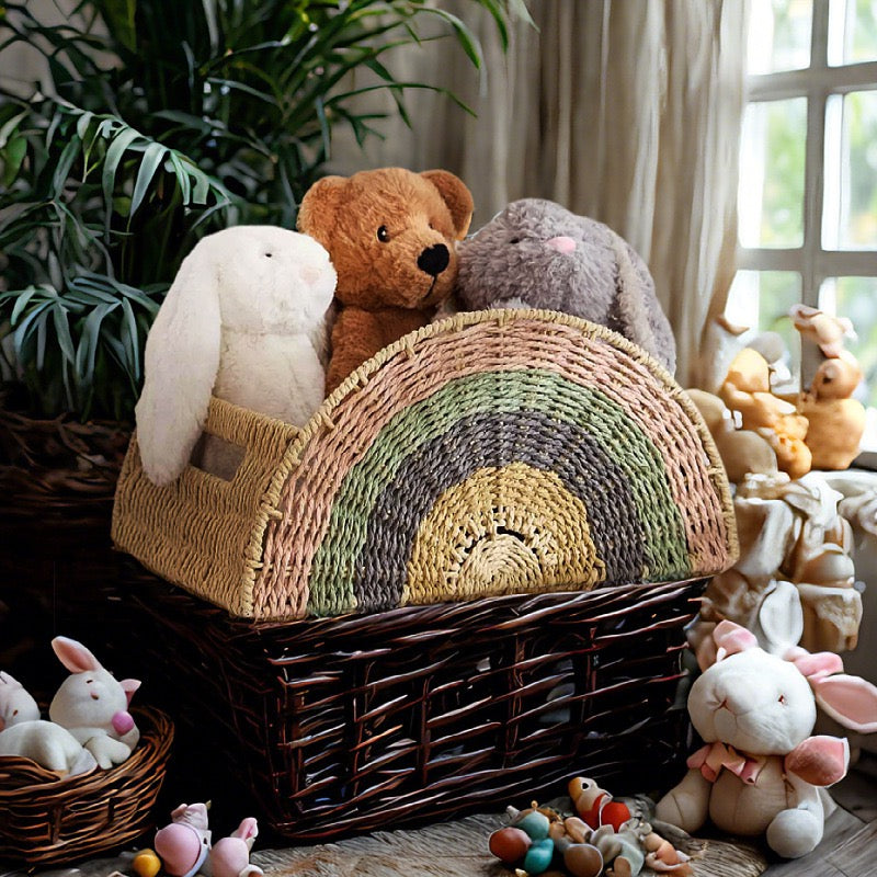 Rainbow Woven Storage Basket for Kids – Toy, Book, Stuffed Animal & Blanket Organizer with Handles for Nursery and Playroom-cc-091712