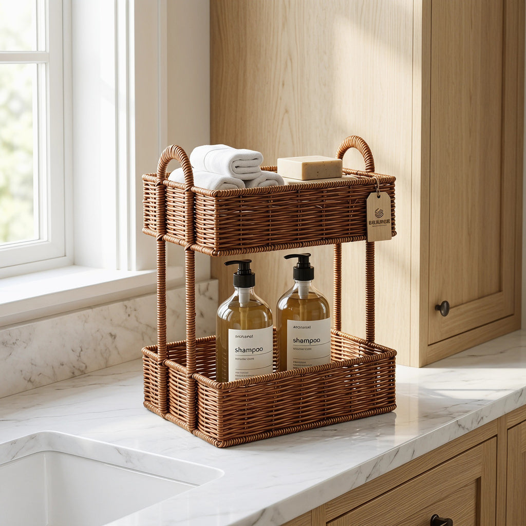 2-Tier Woven Storage Organizer with Handles – Countertop Basket Shelf for Kitchen, Pantry, Bathroom & Vanity-cc-091714