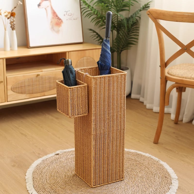Woven Umbrella Stand with Side Pocket – Tall Entryway Organizer for Long & Folding Umbrellas-091616-cc