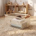 Woven Storage Basket with Handles | Open Weave Decorative Organizer for Shelves, Bedroom & Living Room-cc-092009