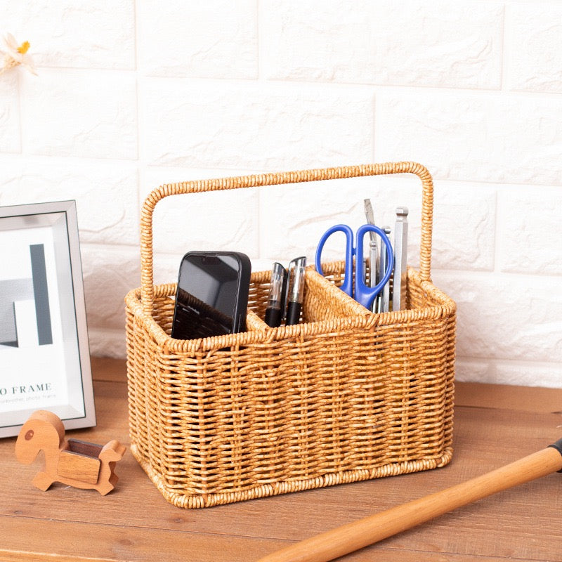 Woven Caddy Organizer with Handle – Divided Storage Basket for Desk, Kitchen & Home-091610-cc