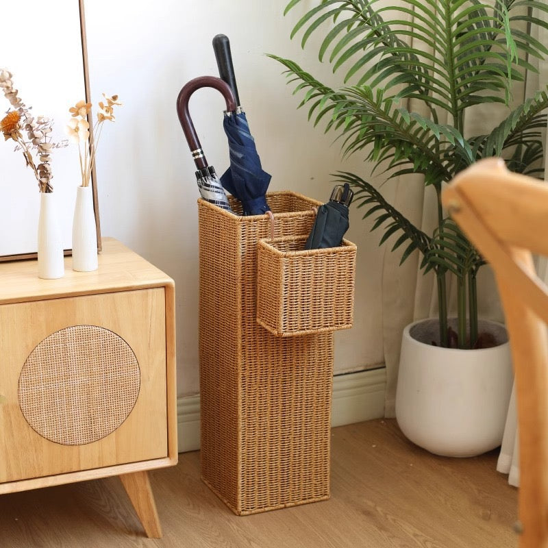 Woven Umbrella Stand with Side Pocket – Tall Entryway Organizer for Long & Folding Umbrellas-091616-cc