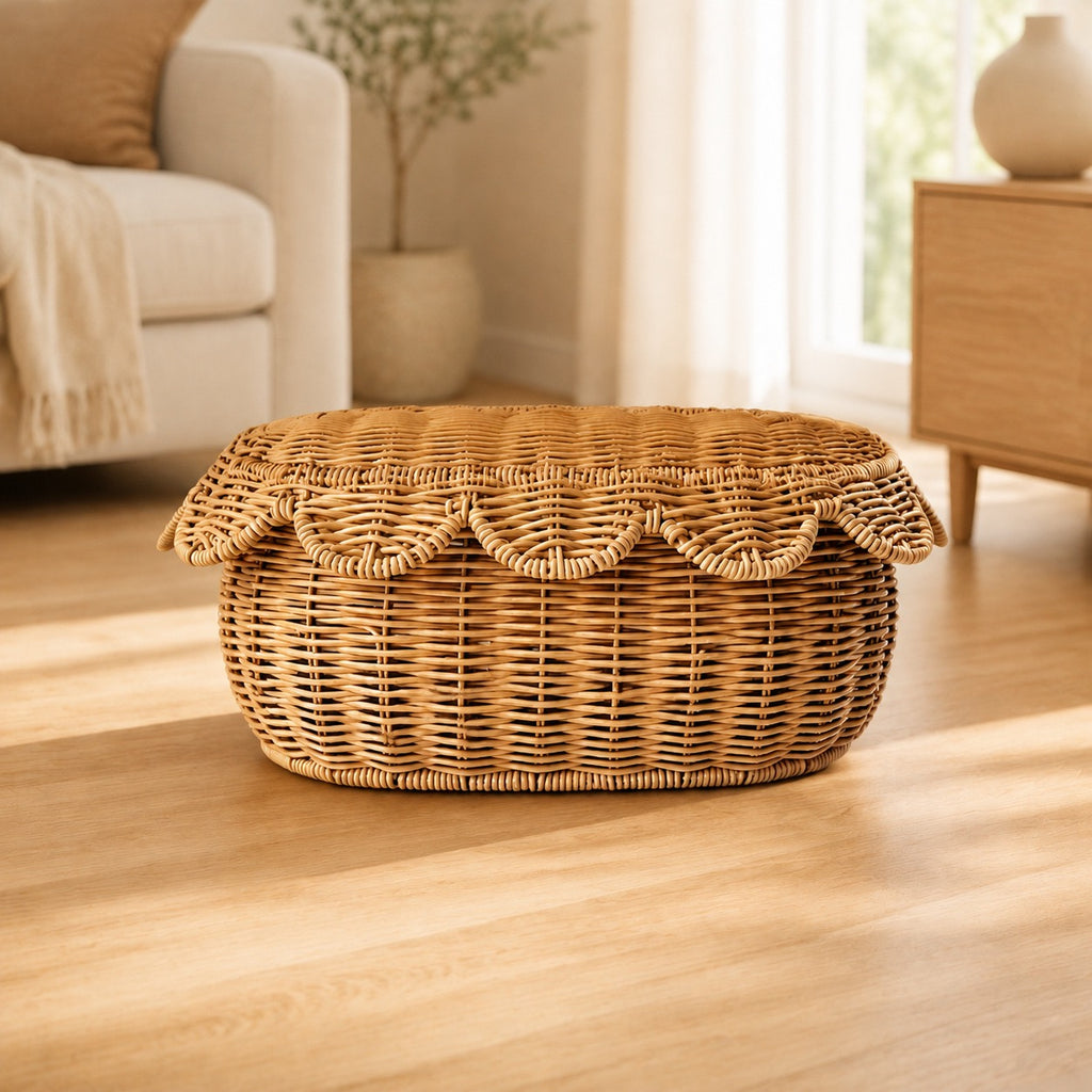 3-Piece Natural Rattan Storage Basket Set with Lids – Handwoven Scalloped Decorative Baskets for Bathroom, Bedroom & Home Organization-cc-091706