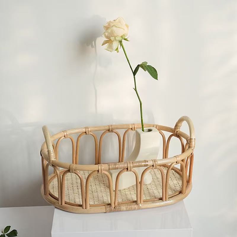 Oval Woven Rattan Serving Tray with Handles – Decorative Coffee Table & Home Organizer Basket-091615-cc