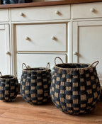 Black & Natural Woven Storage Basket Set with Handles – Decorative Floor Organizer for Living Room, Bedroom & Home-091618-cc