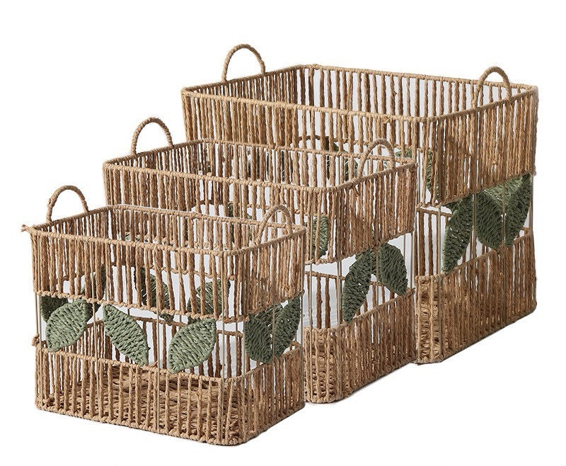 Rectangular Woven Storage Basket with Handles & Leaf Design – Large Decorative Organizer for Laundry, Toys, Blankets & Home Storage-cc-091802