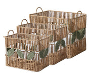 Rectangular Woven Storage Basket with Handles & Leaf Design – Large Decorative Organizer for Laundry, Toys, Blankets & Home Storage-cc-091802