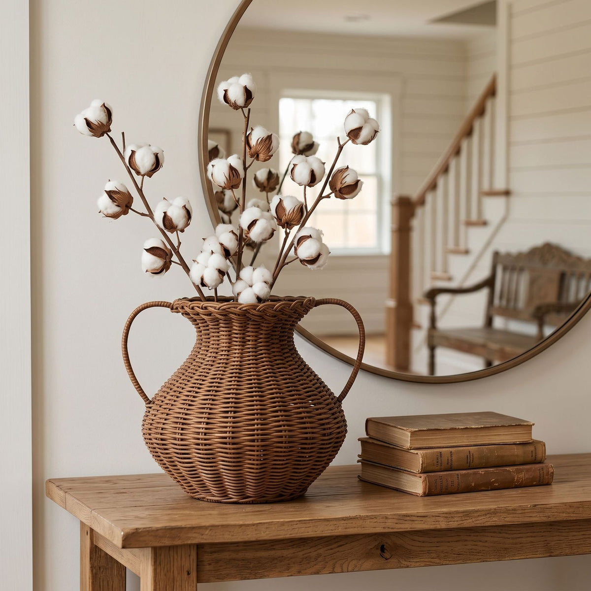 Woven Rattan Vase with Handles – Decorative Flower Basket for Farmhouse, Rustic & Boho Home Decor-091617-cc