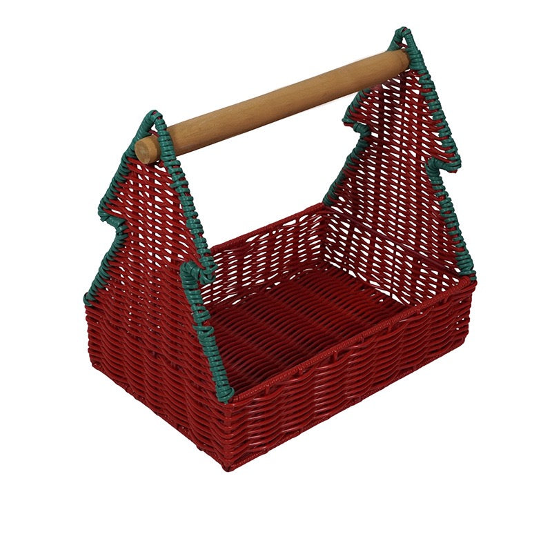 Christmas Tree Woven Gift Basket with Wooden Handle – Holiday Candy, Treat & Gift Storage Caddy－091624-cc
