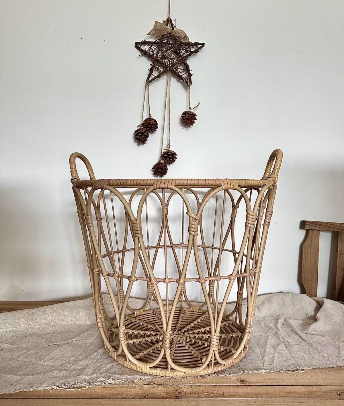 Woven Rattan Storage Basket with Handles – Large Laundry, Blanket & Toy Organizer-091601-cc