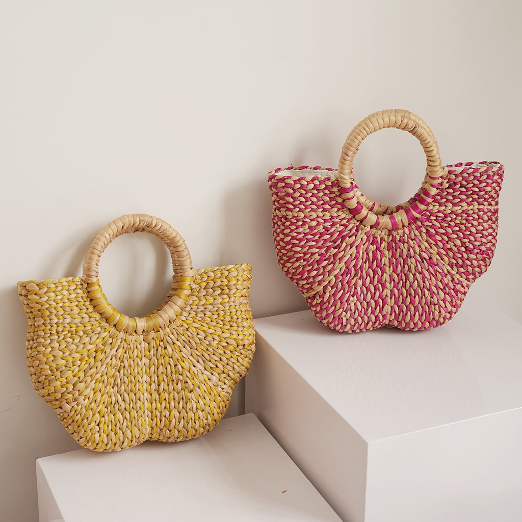 Handwoven Water Hyacinth Tote Bag for Women – Pink Natural Woven Handbag with Round Handles for Beach, Travel & Summer Outfits-cc-091710